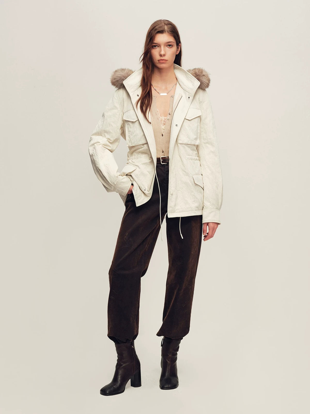 Firelady Fur Women's Hooded Down Parka - Detachable Fur Trim in Salt Sea Beige - view 3
