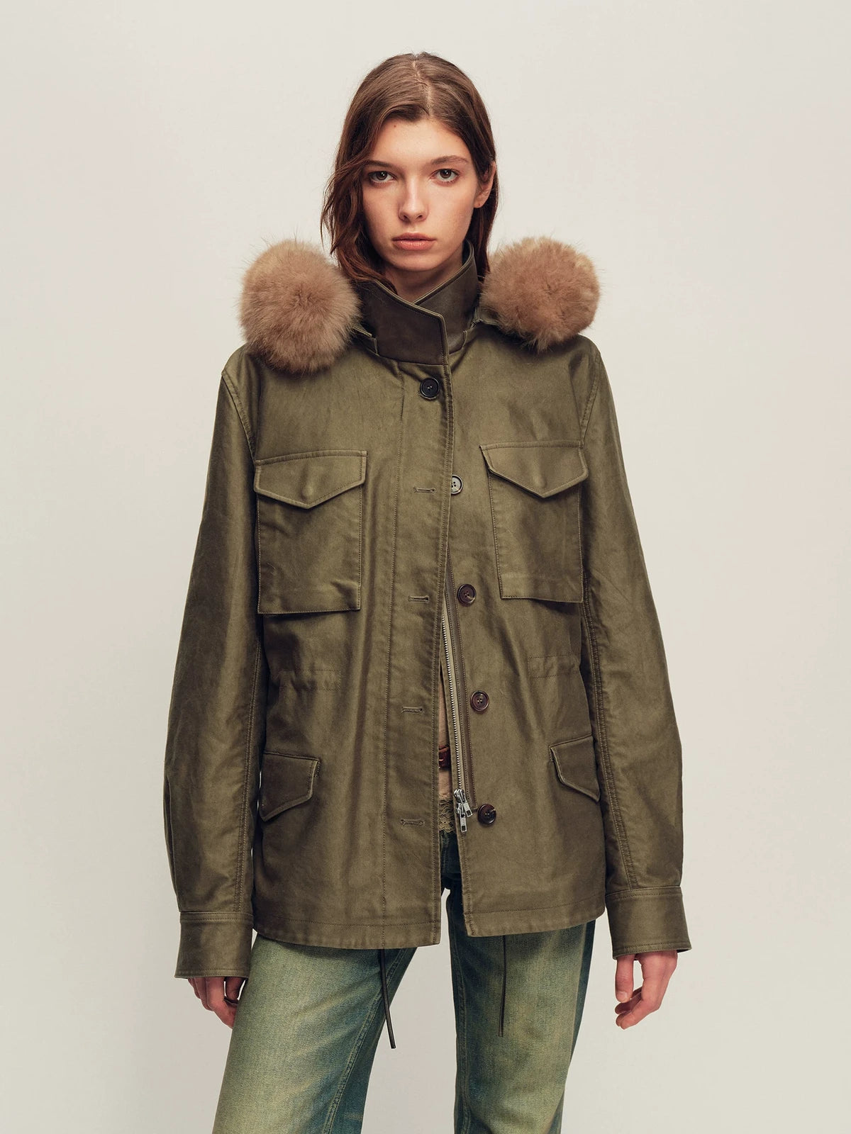 Firelady Fur Women's Hooded Down Parka - Detachable Fur Trim in Tundra Green - front half
