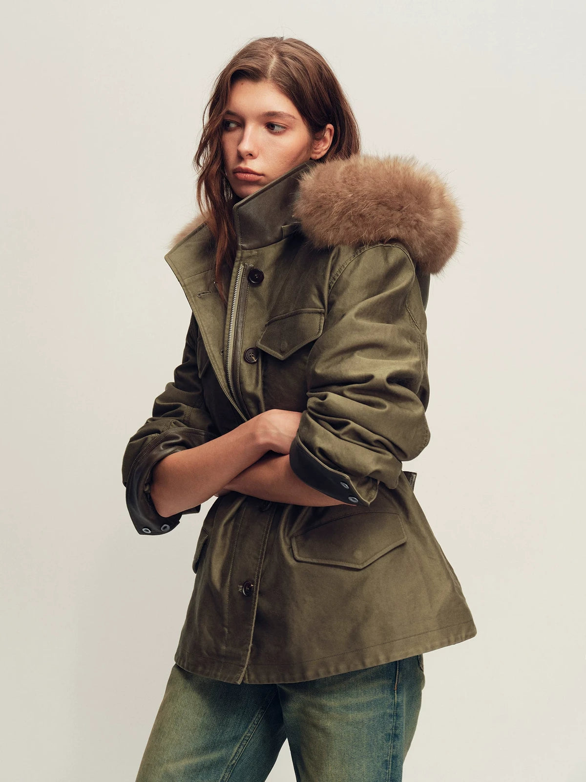 Firelady Fur Women's Hooded Down Parka - Detachable Fur Trim in Tundra Green - view 2
