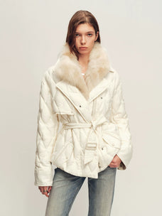 Firelady Fur Women's Quilted Down Jacket - Detachable Fox Fur Collar in Matte Cream - front half