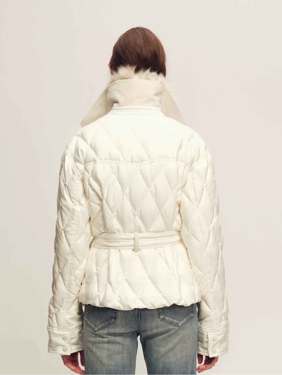 Firelady Fur Women's Quilted Down Jacket - Detachable Fox Fur Collar in Matte Cream - view 2