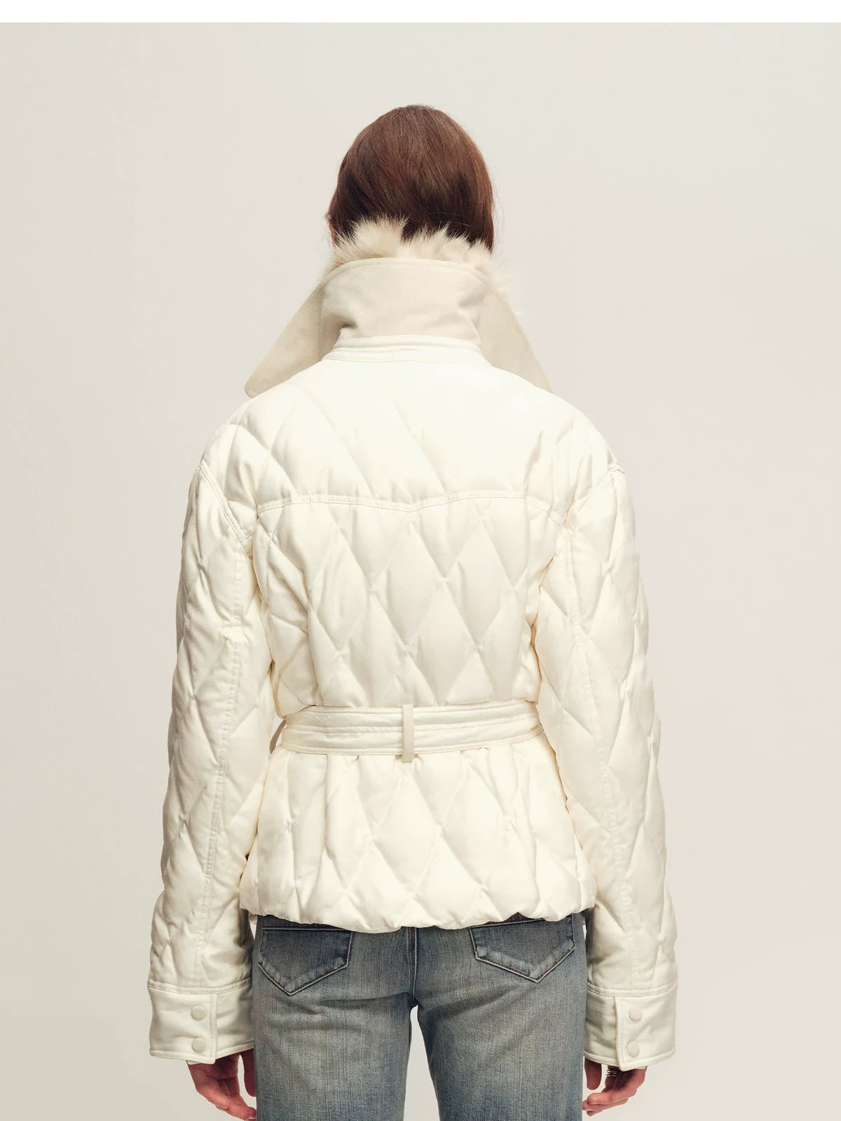 Firelady Fur Women's Quilted Down Jacket - Detachable Fox Fur Collar in Matte Cream - view 2