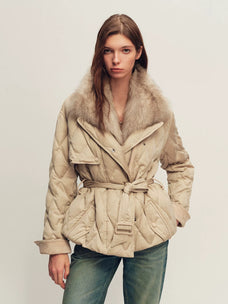 Firelady Fur Women's Quilted Down Jacket - Detachable Fox Fur Collar in Soft Nude Pink - front half