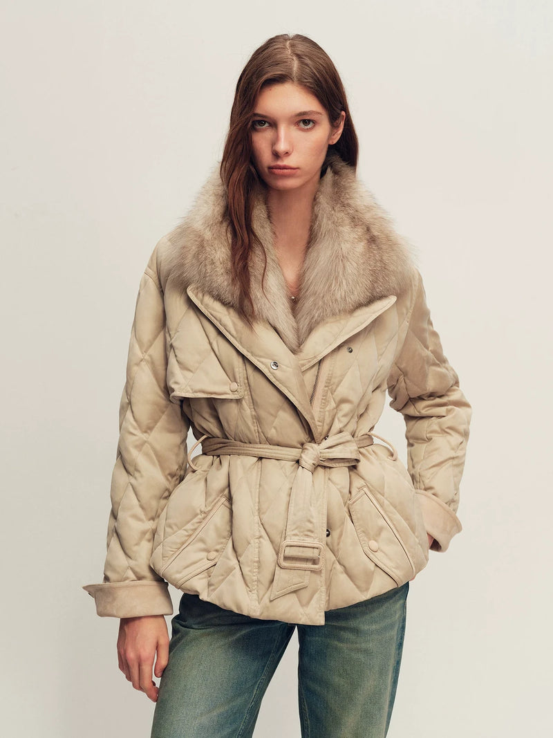 Firelady Fur Women's Quilted Down Jacket - Detachable Fox Fur Collar in Soft Nude Pink - front half