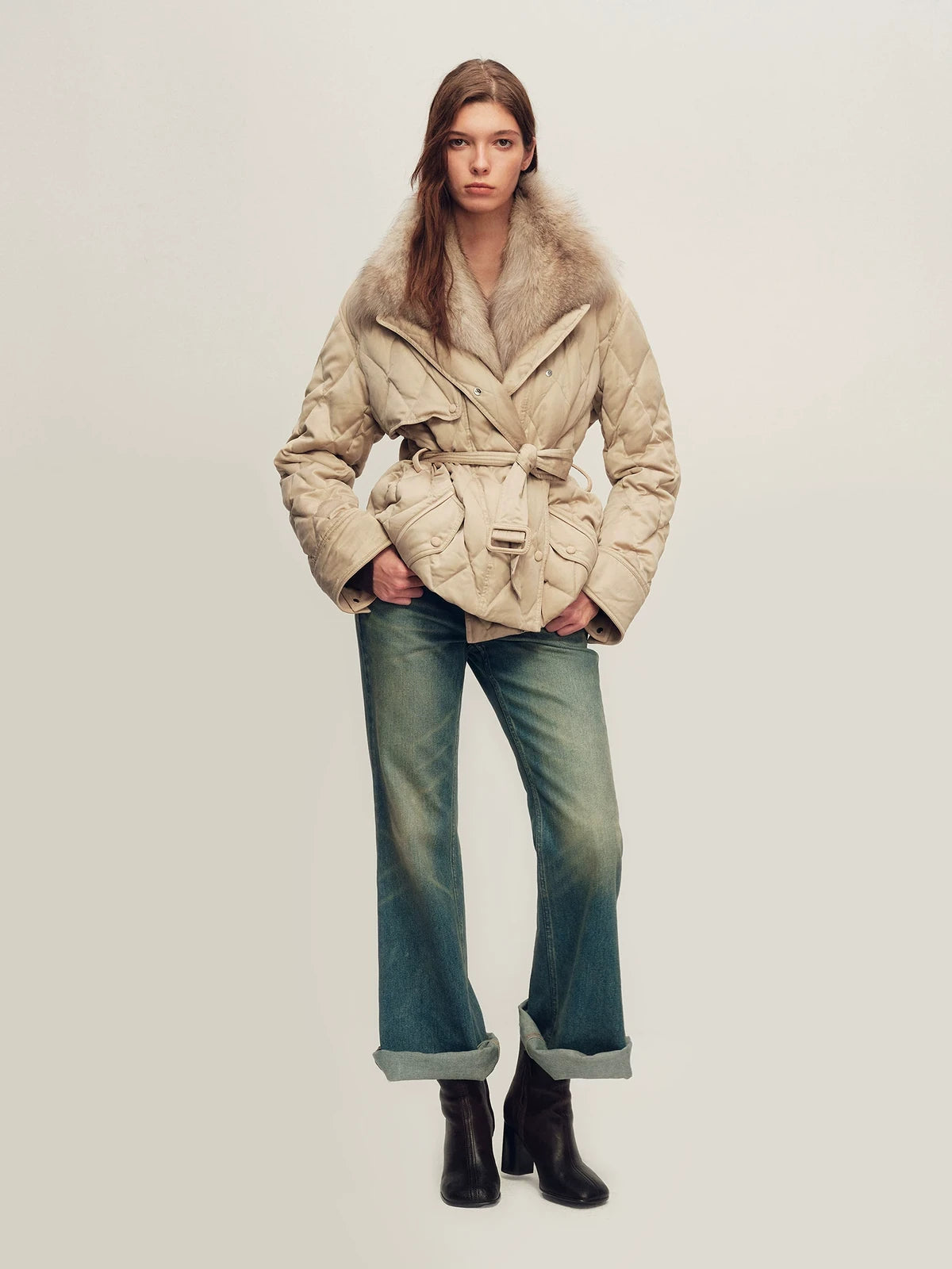 Firelady Fur Women's Quilted Down Jacket - Detachable Fox Fur Collar in Soft Nude Pink - view 2