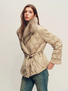 Firelady Fur Women's Quilted Down Jacket - Detachable Fox Fur Collar in Soft Nude Pink - view 3