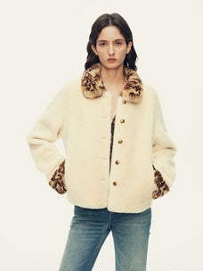 Firelady Fur Women's Merino Shearling Jacket - Leopard Fur Collar and Cuffs in Apricot Beige - front half