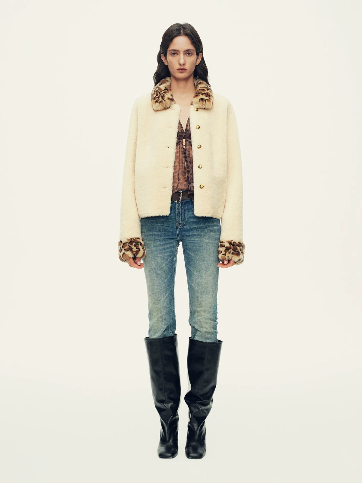 Firelady Fur Women's Merino Shearling Jacket - Leopard Fur Collar and Cuffs in Apricot Beige - view 3