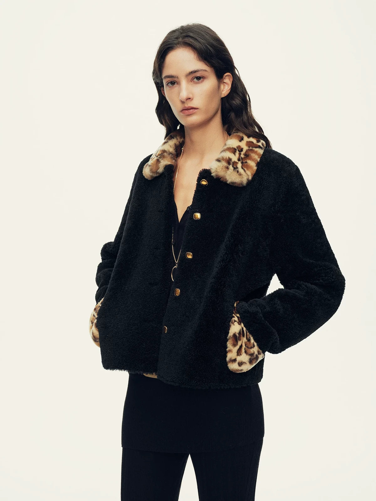 Firelady Fur Women's Merino Shearling Jacket - Leopard Fur Collar and Cuffs in Black - view 2