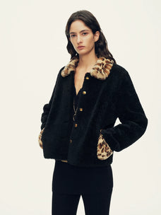 Firelady Fur Women's Merino Shearling Jacket - Leopard Fur Collar and Cuffs in Black - view 2