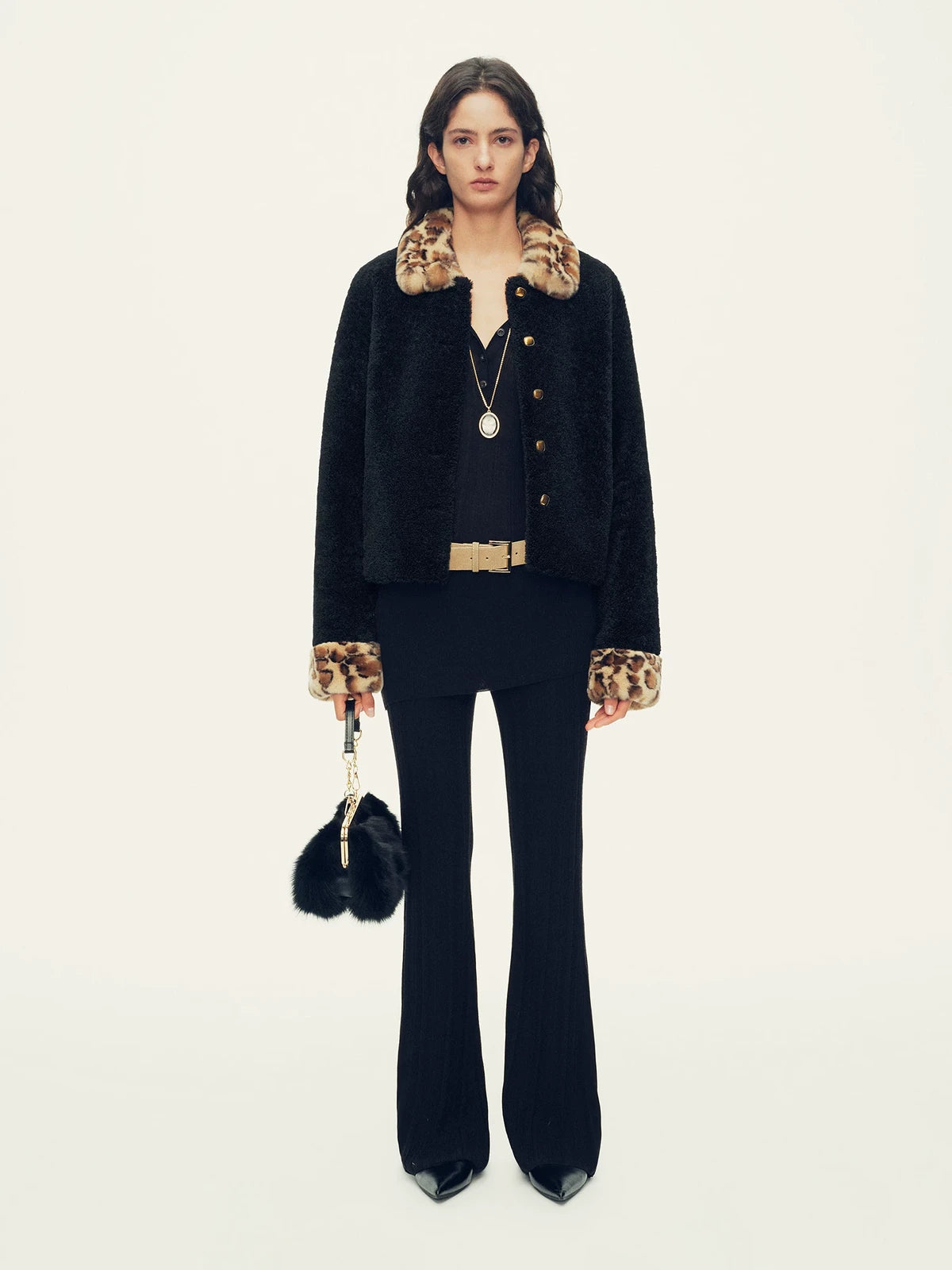 Firelady Fur Women's Merino Shearling Jacket - Leopard Fur Collar and Cuffs in Black - view 3