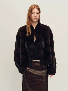 Firelady Fur Women's Cropped Mink Fur Jacket - Stand Collar in Natural Mahogany - front half