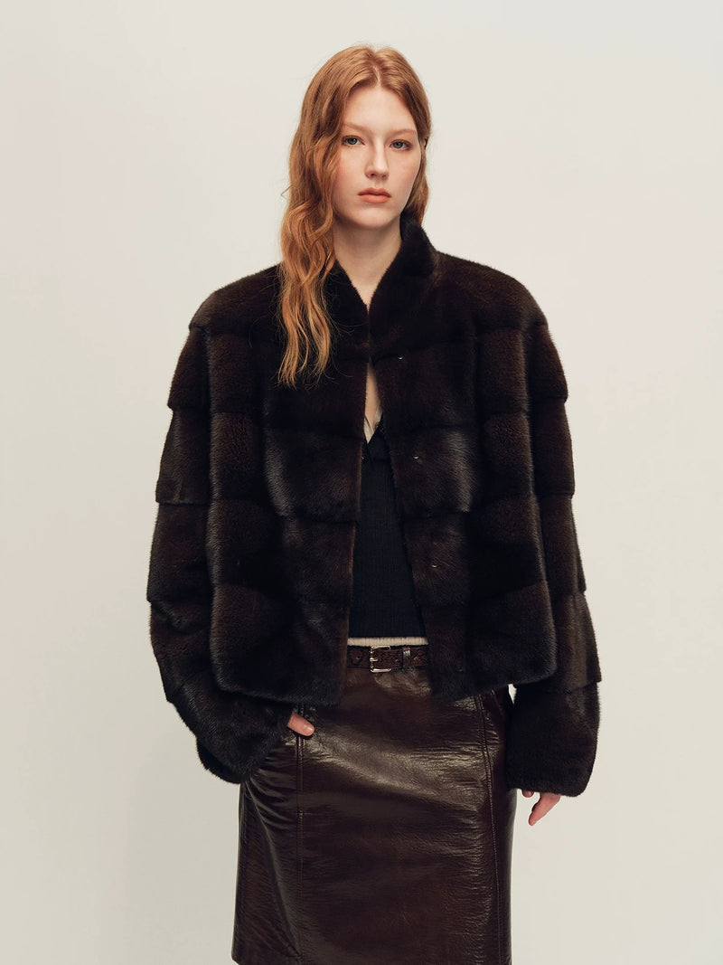 Firelady Fur Women's Cropped Mink Fur Jacket - Stand Collar in Natural Mahogany - front half