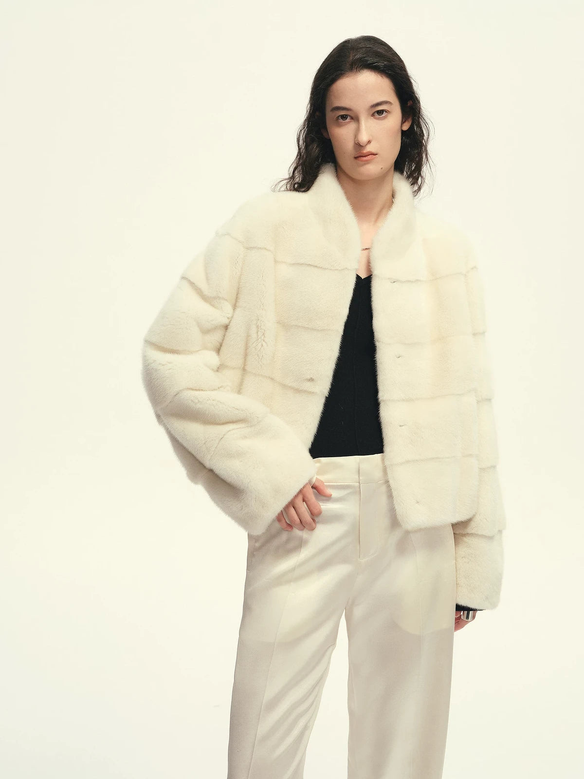 Firelady Fur Women's Cropped Mink Fur Jacket - Stand Collar in Natural Pearl - front half