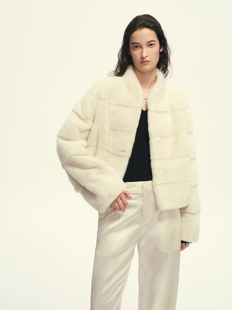 Firelady Fur Women's Cropped Mink Fur Jacket - Stand Collar in Natural Pearl - front half