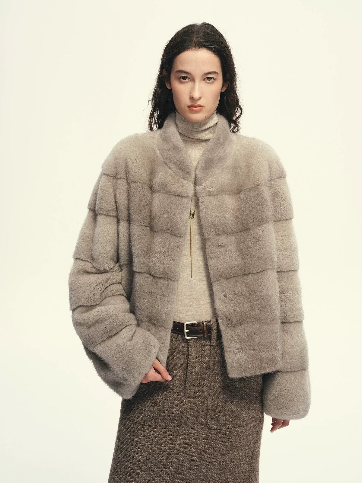 Firelady Fur Women's Cropped Mink Fur Jacket - Stand Collar in Natural Silver Blue - front half