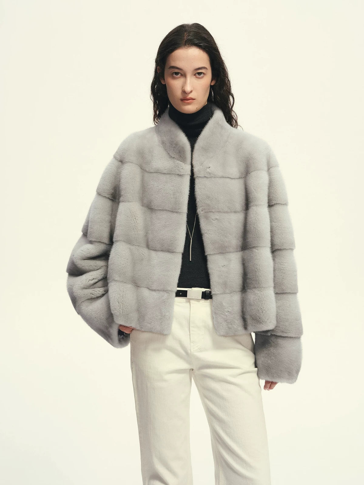 Firelady Fur Women's Cropped Mink Fur Jacket - Stand Collar in Sapphire Blue - front half