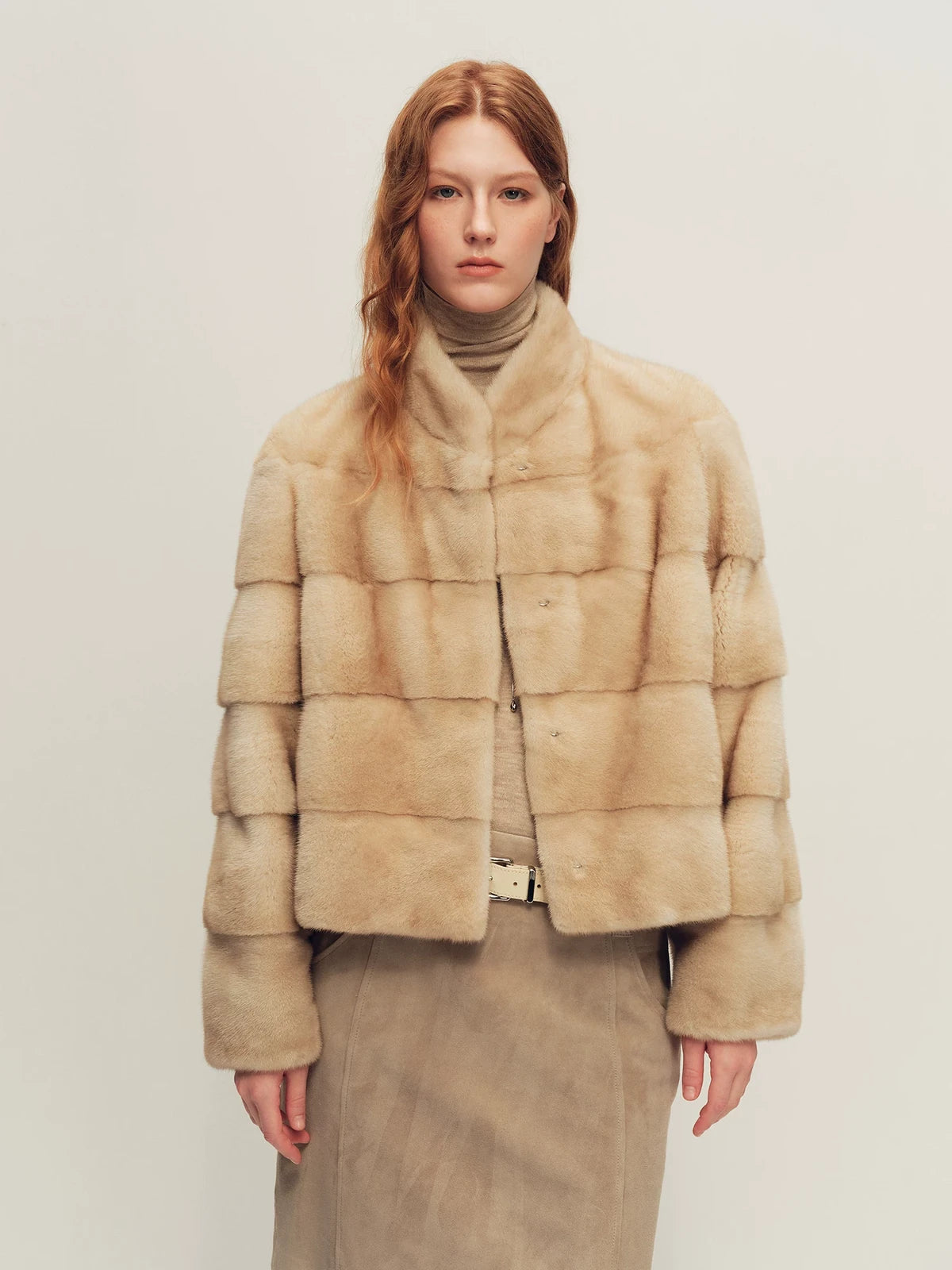 Firelady Fur Women's Cropped Mink Fur Jacket - Stand Collar in Soft Beige Yellow - front half