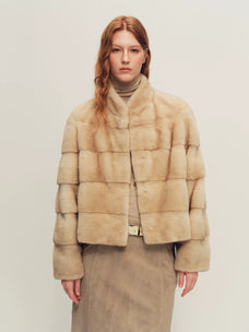 Firelady Fur Women's Cropped Mink Fur Jacket - Stand Collar in Soft Beige Yellow - front half