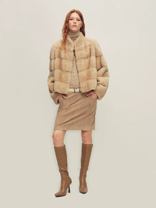 Firelady Fur Women's Cropped Mink Fur Jacket - Stand Collar in Soft Beige Yellow - view 2