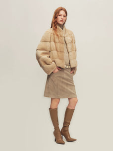 Firelady Fur Women's Cropped Mink Fur Jacket - Stand Collar in Soft Beige Yellow - view 3