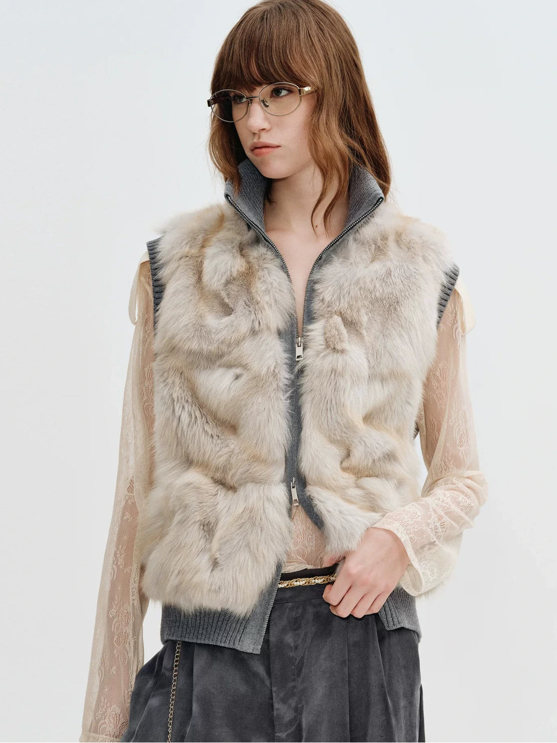 Firelady Fur Women's Fox Fur Knit Vest with Zip Front in Light Gray Gold angled view
