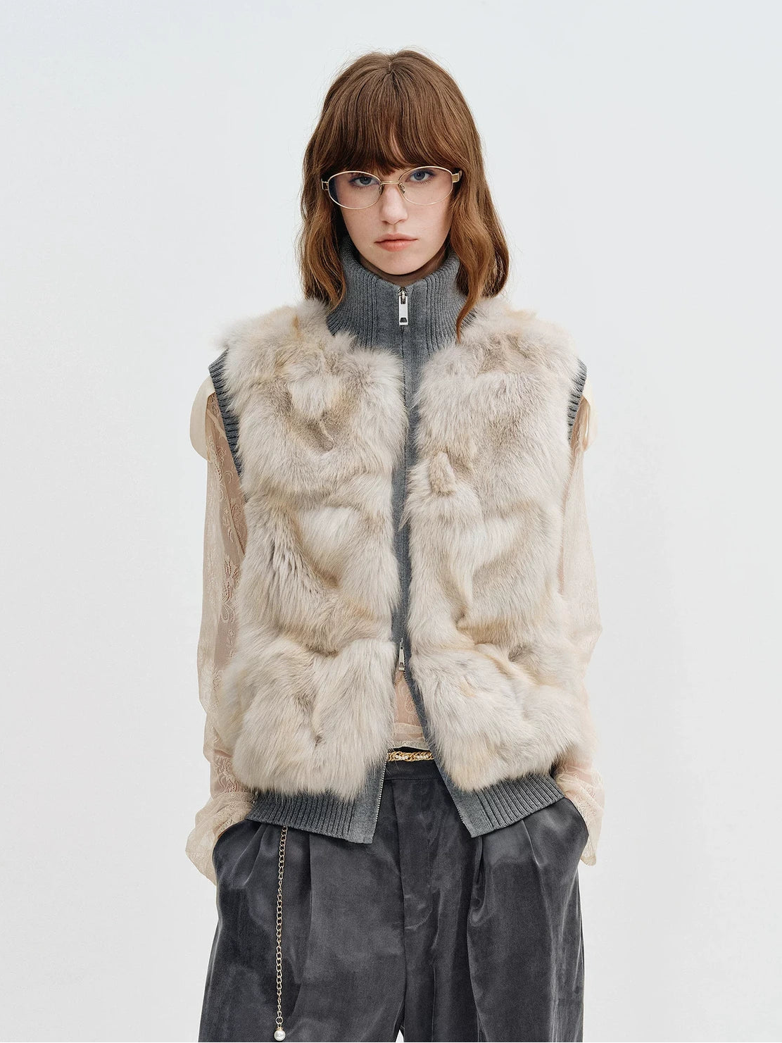 Firelady Fur Women's Fox Fur Knit Vest with Zip Front in Light Gray Gold front view