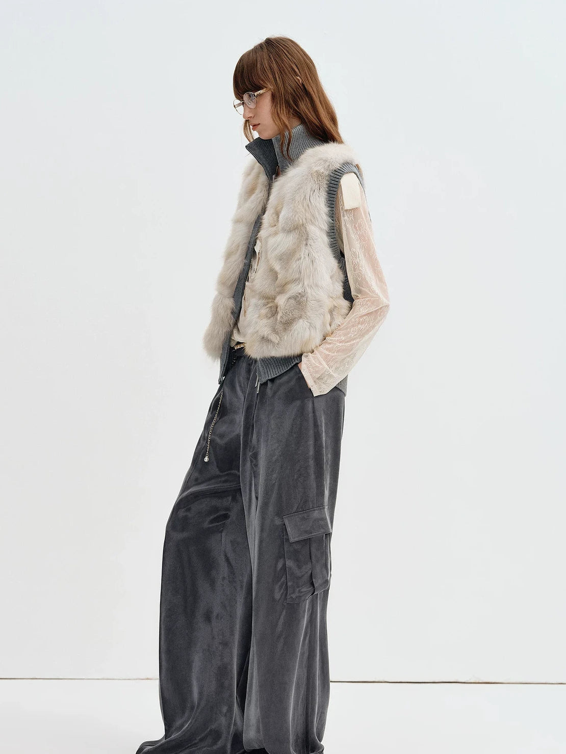 Firelady Fur Women's Fox Fur Knit Vest with Zip Front in Light Gray Gold side view