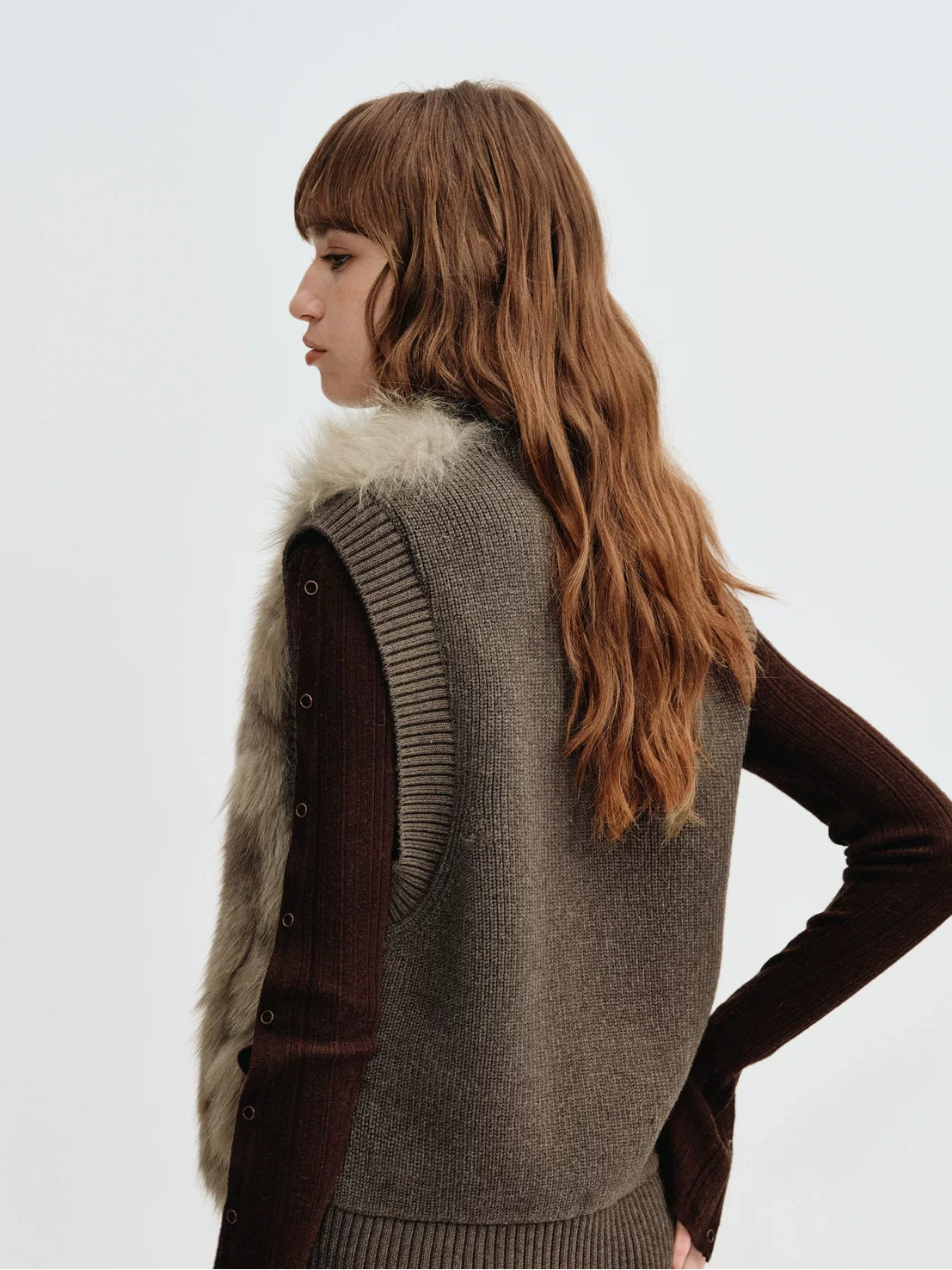 Firelady Fur Women's Fox Fur Knit Vest with Zip Front in Moss Brown back view