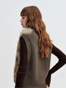 Firelady Fur Women's Fox Fur Knit Vest with Zip Front in Moss Brown back view