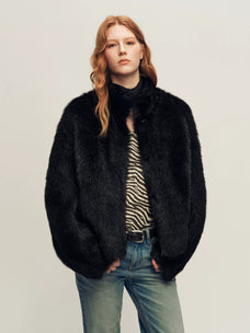 Firelady Fur Women's Toscana Shearling Jacket - Convertible Stand Collar in Black - front half