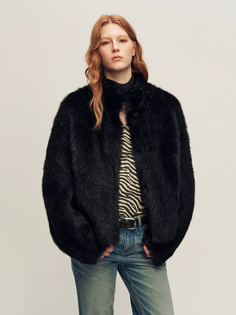 Firelady Fur Women's Toscana Shearling Jacket - Convertible Stand Collar in Black - front half