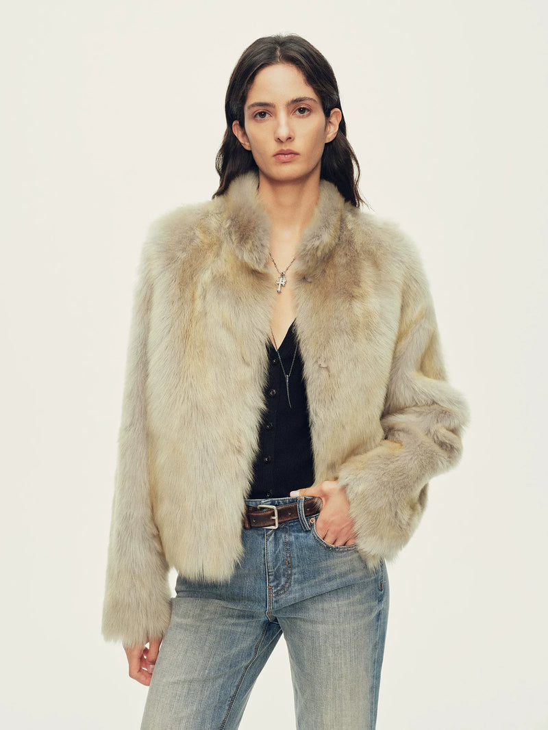 Firelady Fur Women's Toscana Shearling Jacket - Convertible Stand Collar in Cool Gray - front half
