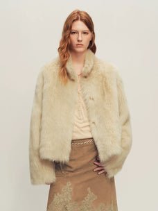 Firelady Fur Women's Toscana Shearling Jacket - Convertible Stand Collar in Linen Beige - front half