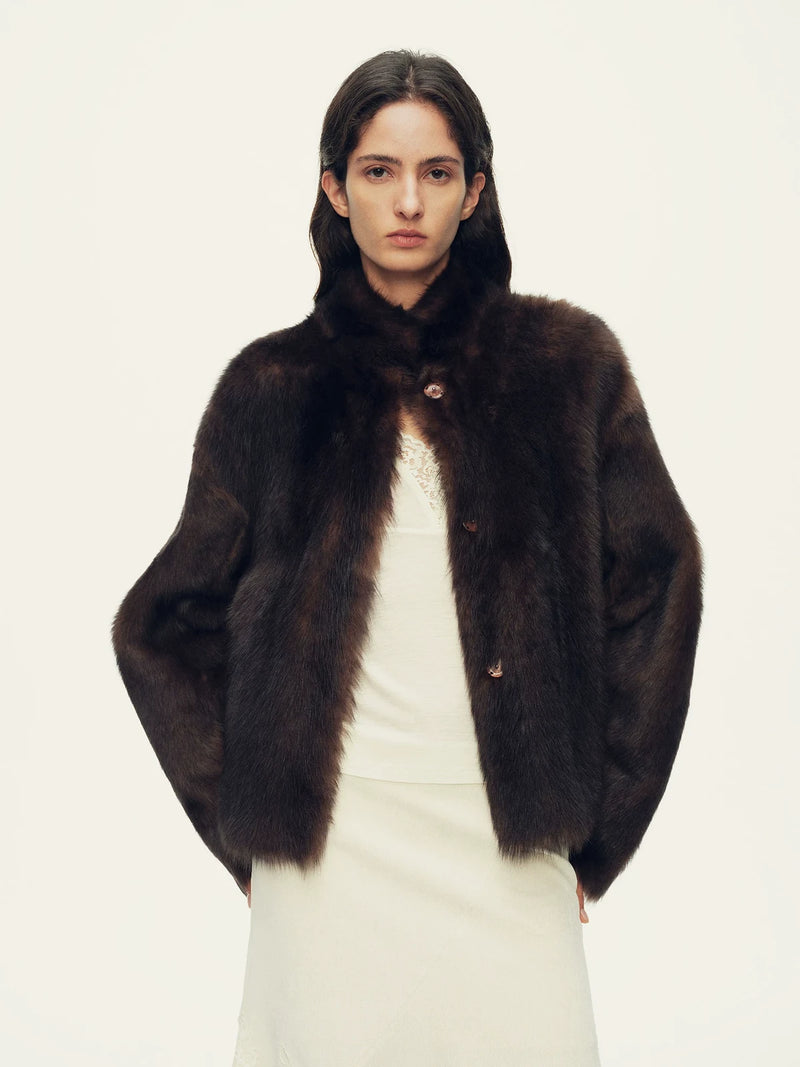 Firelady Fur Women's Toscana Shearling Jacket - Convertible Stand Collar in Tea Brown - front half