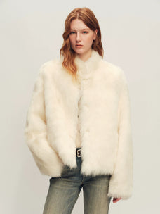 Firelady Fur Women's Toscana Shearling Jacket - Convertible Stand Collar in White - front half