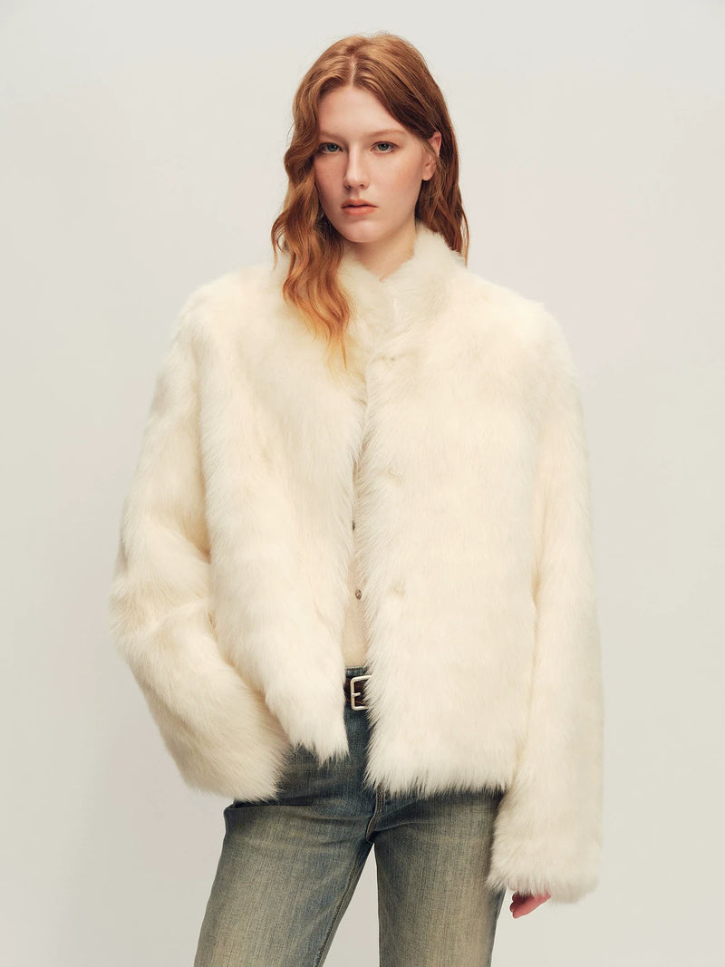Firelady Fur Women's Toscana Shearling Jacket - Convertible Stand Collar in White - front half