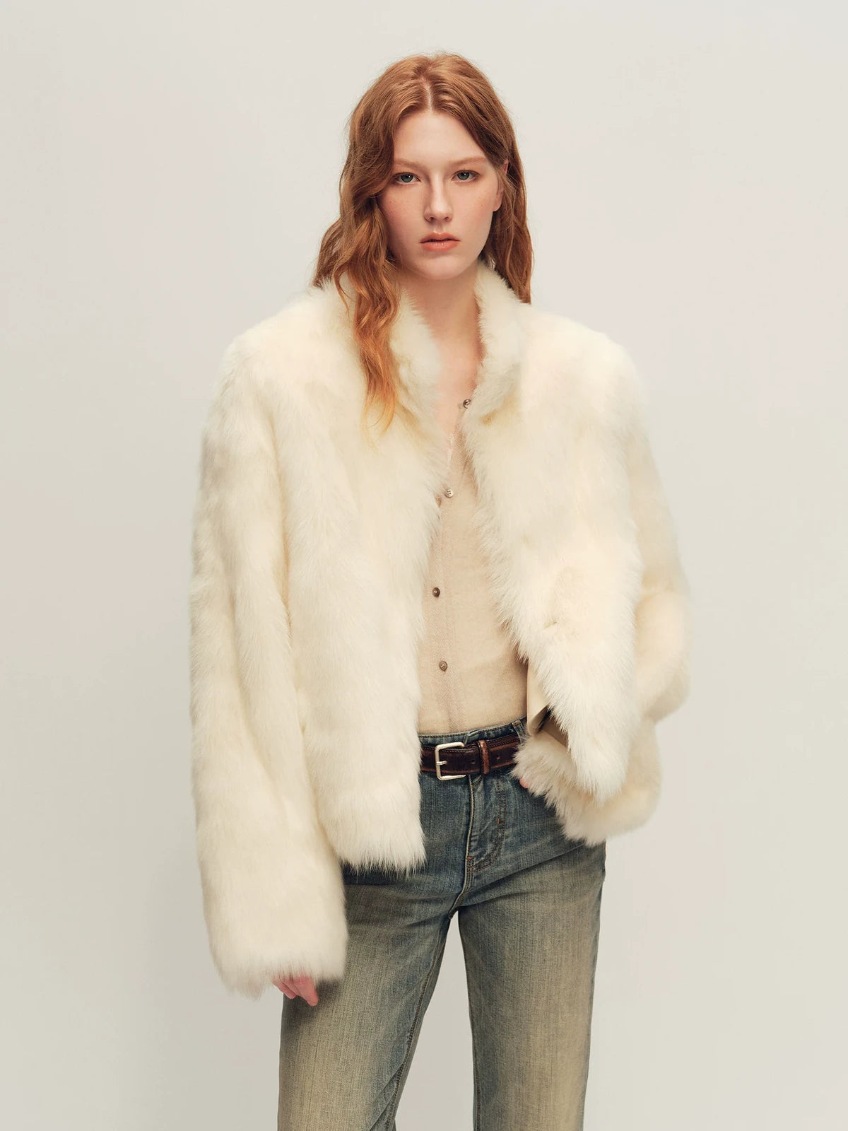 Firelady Fur Women's Toscana Shearling Jacket - Convertible Stand Collar in White - view 2