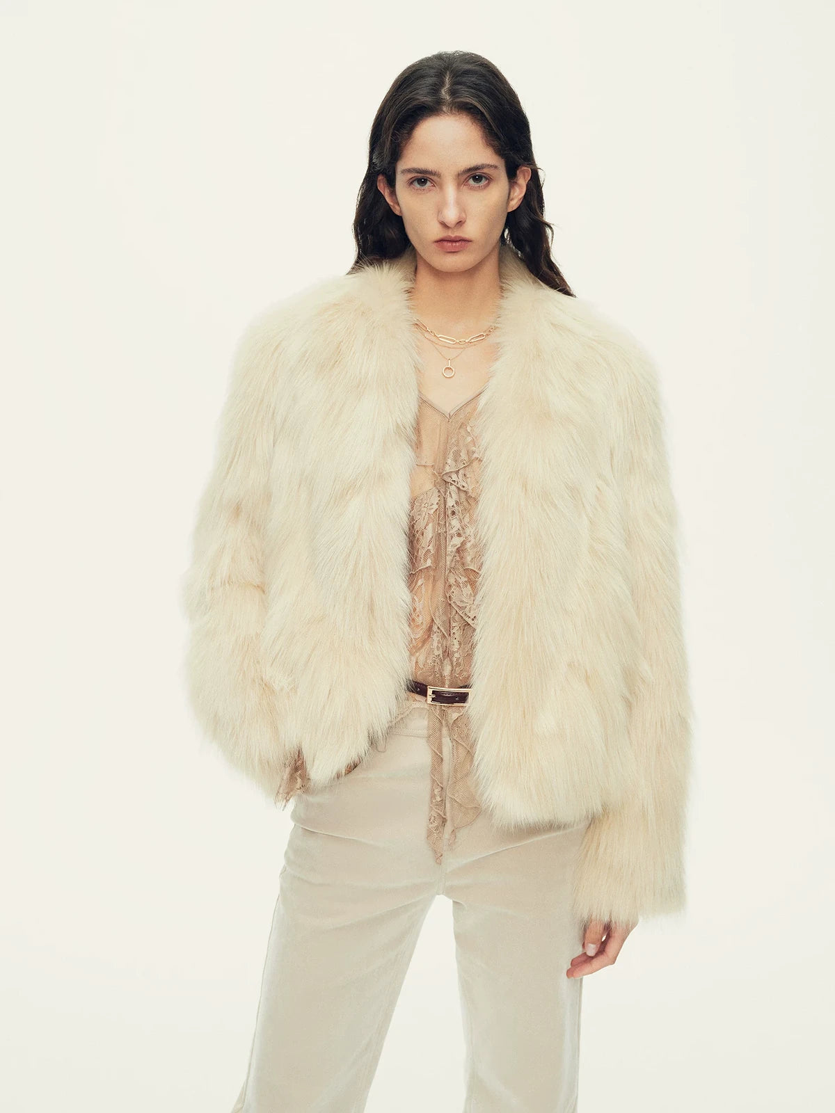 Firelady Fur Women's Saga Fox Fur Jacket - Soft V-Neck in Apricot - front half