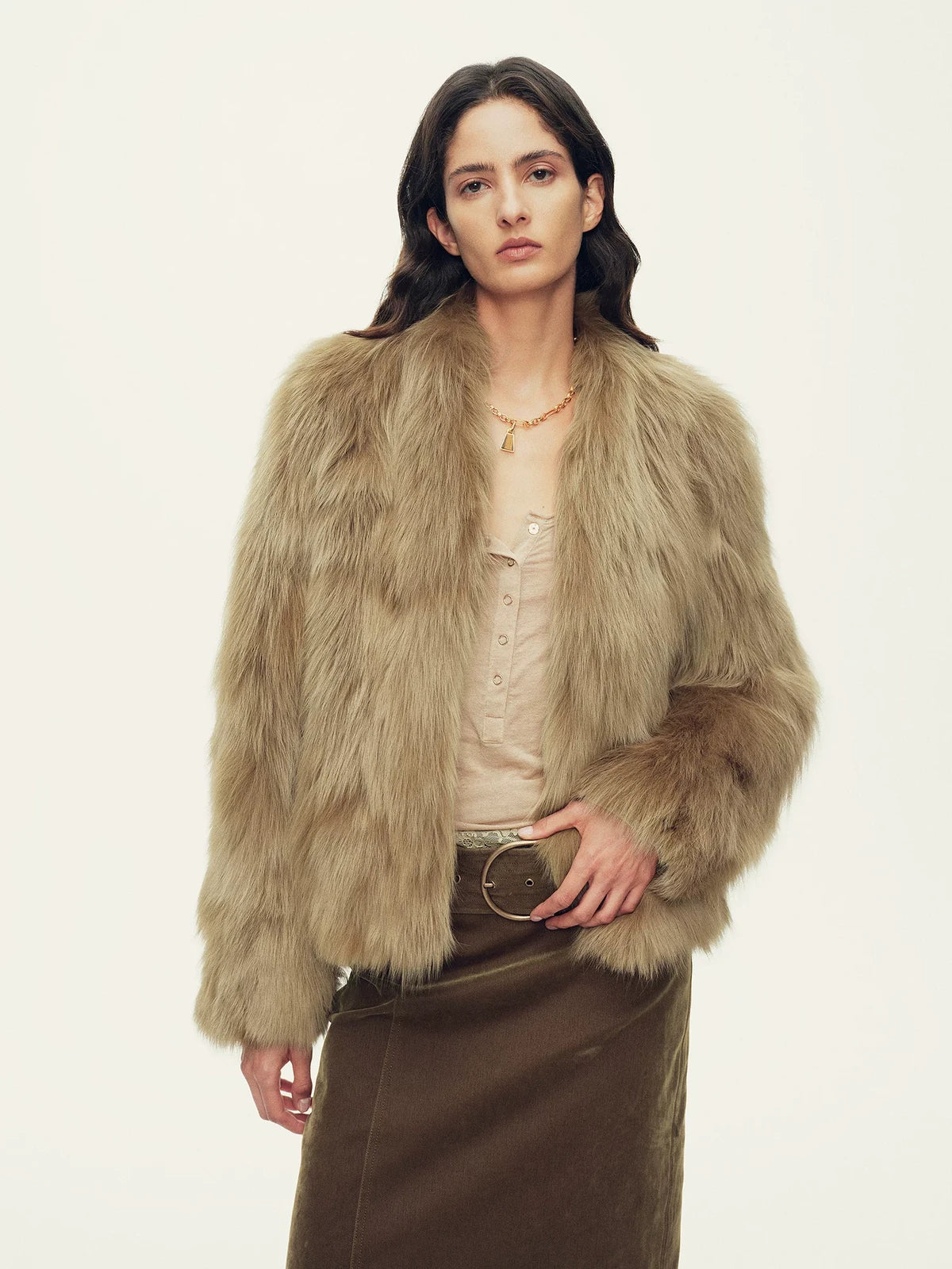Firelady Fur Women's Saga Fox Fur Jacket - Soft V-Neck in Light Amber - front half