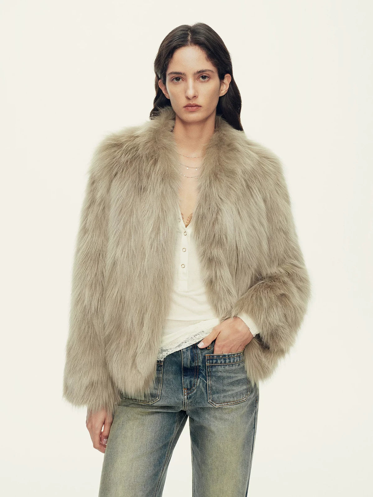 Firelady Fur Women's Saga Fox Fur Jacket - Soft V-Neck in Pine Green - front half