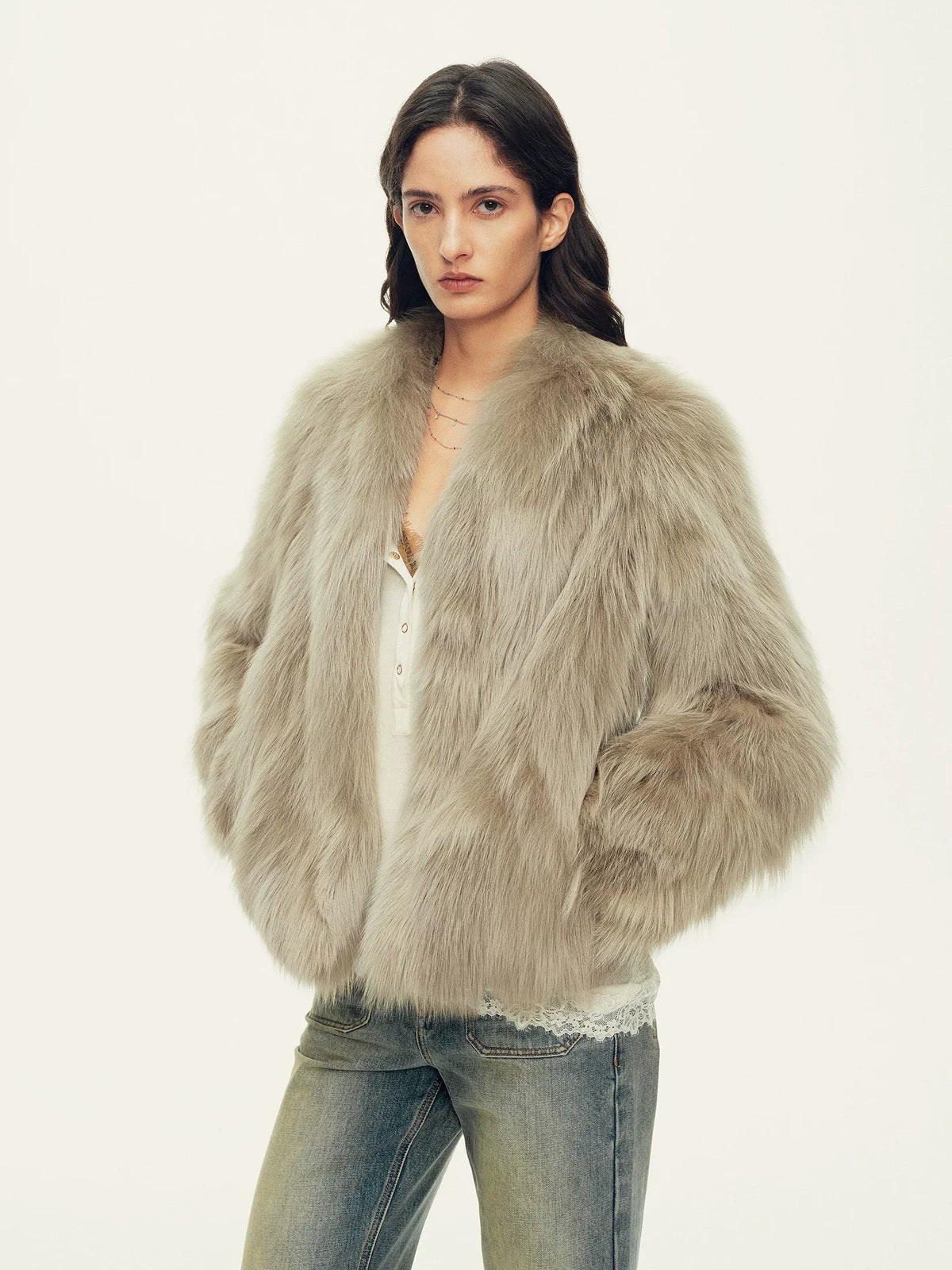 Firelady Fur Women's Saga Fox Fur Jacket - Soft V-Neck in Pine Green - view 2