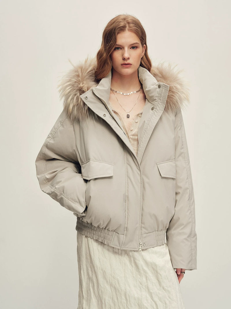 Firelady Fur Women's Hooded Goose Down Jacket - Detachable Fur Trim in Light Gray - front half