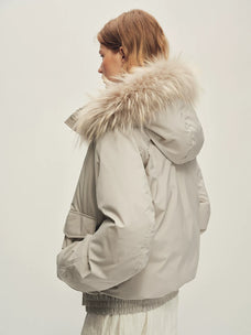 Firelady Fur Women's Hooded Goose Down Jacket - Detachable Fur Trim in Light Gray - view 2