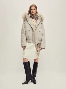 Firelady Fur Women's Hooded Goose Down Jacket - Detachable Fur Trim in Light Gray - view 3