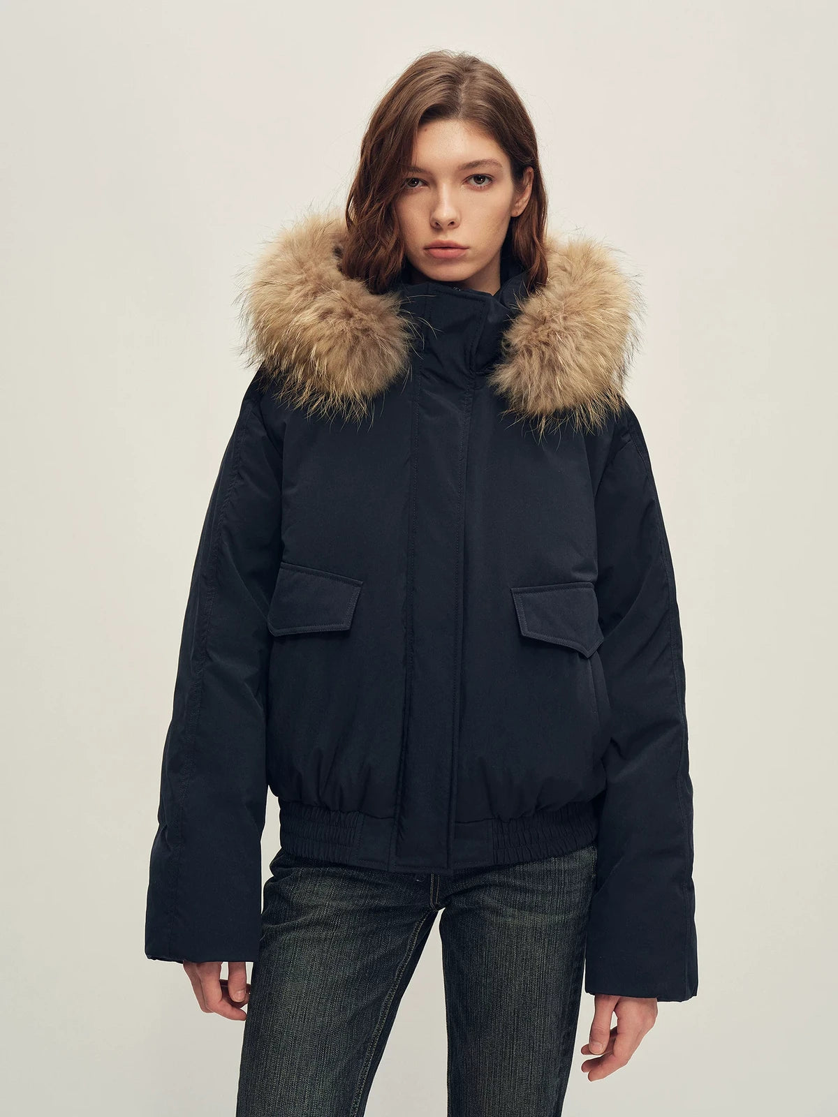 Firelady Fur Women's Hooded Goose Down Jacket - Detachable Fur Trim in Navy - front half