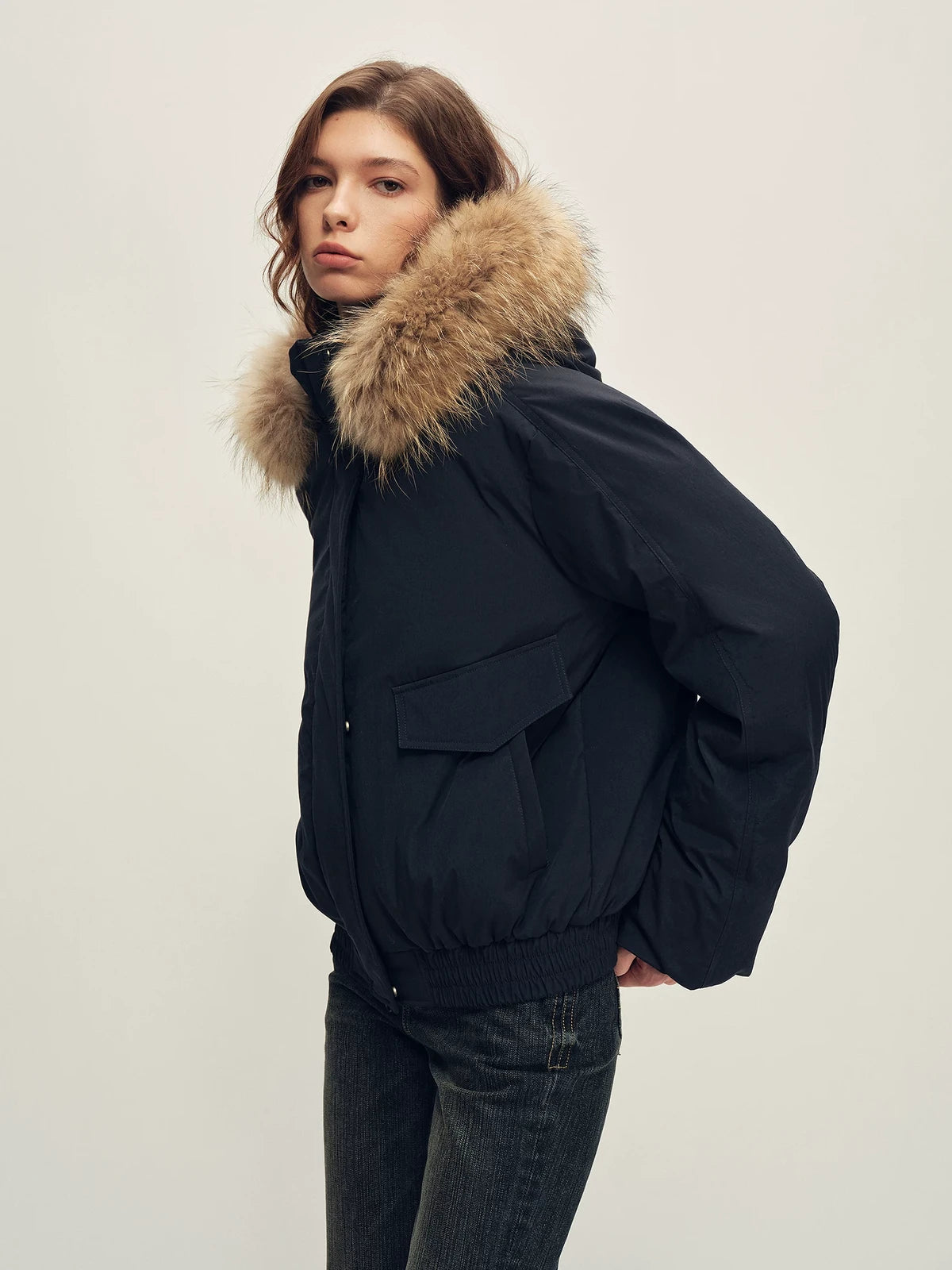 Firelady Fur Women's Hooded Goose Down Jacket - Detachable Fur Trim in Navy - view 2