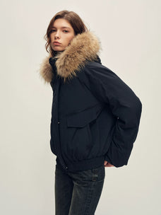 Firelady Fur Women's Hooded Goose Down Jacket - Detachable Fur Trim in Navy - view 2