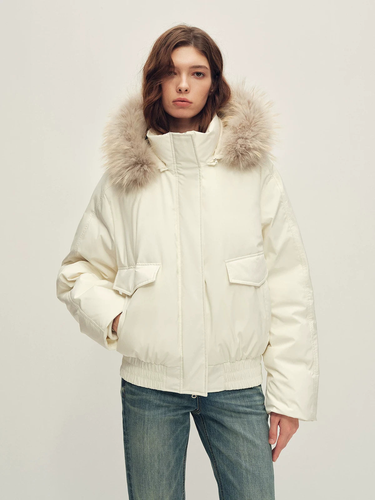 Firelady Fur Women's Hooded Goose Down Jacket - Detachable Fur Trim in White - front half
