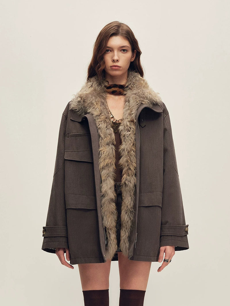 Firelady Fur Women's Mid-Length Down Parka - Detachable Curly Shearling Collar in Gray Cocoa - front half